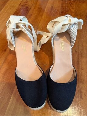 LK Bennett Black Canvas Espadrille Wedges with Cream Ankle Ties